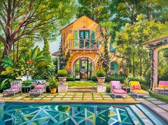 Una fuga in un posto bellissimo – Dipinto a olio, architettura contemporanea, 80x80 cm
