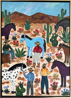 Stivali ai piedi, preoccupazioni sparite: cowboy e cavalli contemporanei – Dipinto paesaggistico