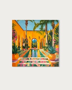 «Un paraíso tranquilo», pintura al óleo, arquitectura contemporánea de piscinas, 80 x 80 cm