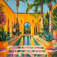 «Un paraíso tranquilo», pintura al óleo, arquitectura contemporánea de piscinas, 80 x 80 cm
