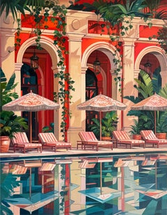 Un lugar fuera de lo común. Pintura al óleo, arquitectura contemporánea de piscinas, 70 x 90 cm
