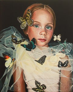 Le Petit Papillon - Colorful hyperrealist portrait painting of girl, butterflies