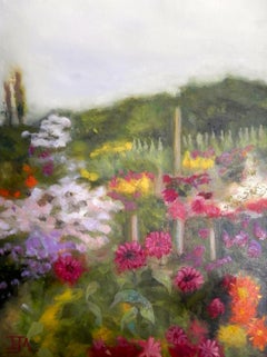 Summer Garden - Flower painting, still life of garden scene with red flowers