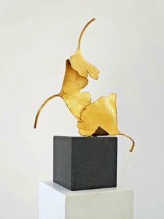 Golden Gingko by Kuno Vollet - Cast Brass golden sculpture on black granite base