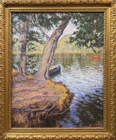 Pintura al óleo de un paisaje impresionista de Joseph Margulies: «Estanque con canoas»