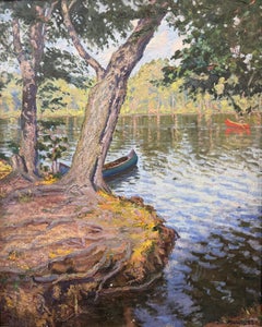Pintura al óleo de un paisaje impresionista de Joseph Margulies: «Estanque con canoas»