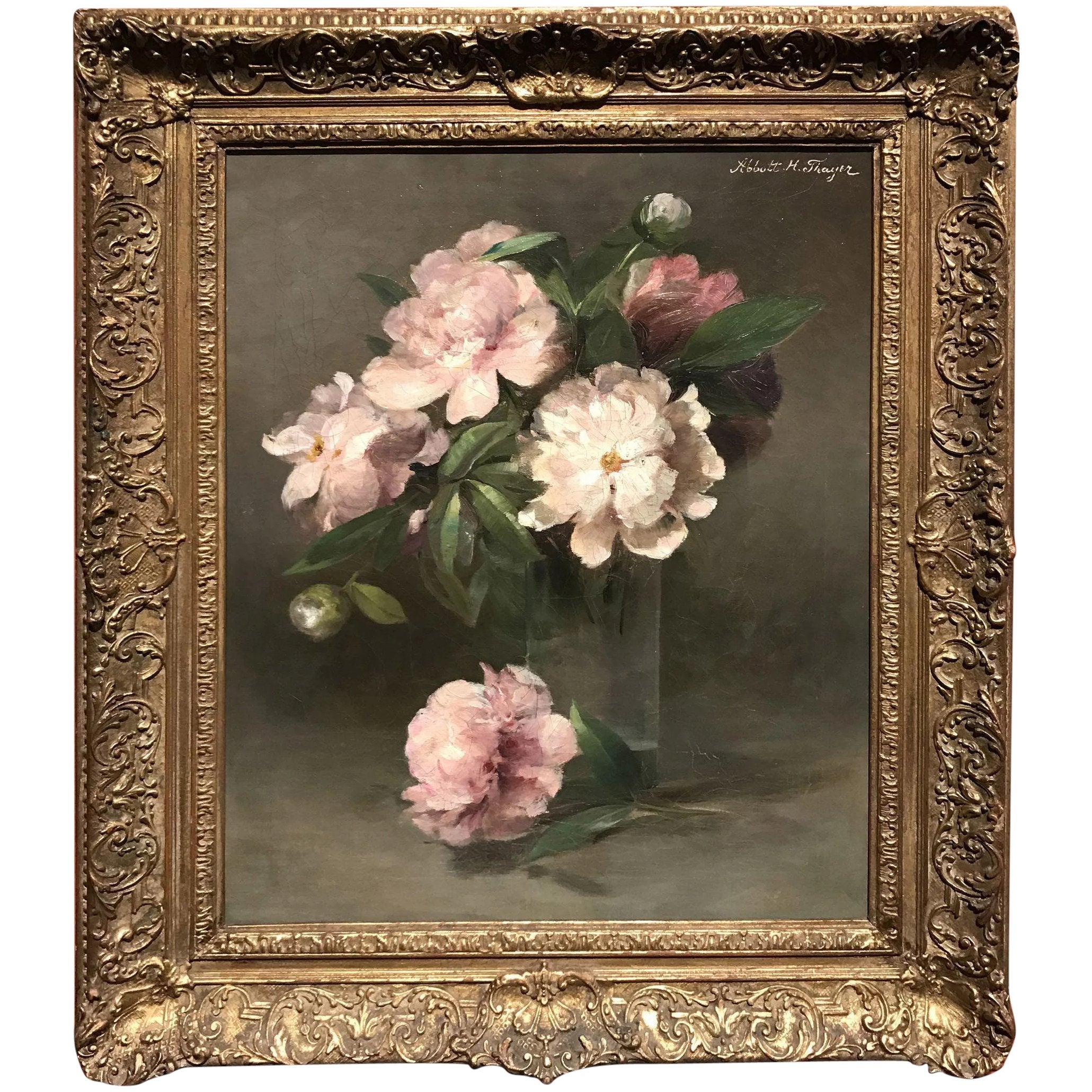 Abbott Handerson Thayer Still Life With Peonies In Glass Vase