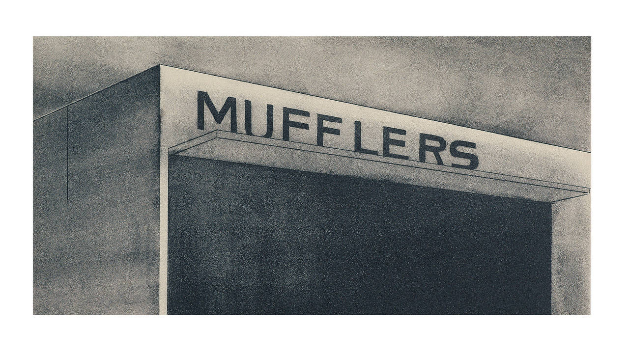 Appearing as set pieces for the modern city, Ed Ruscha’s Archi-props is suite of 8 powdery gray lithographs portraying nondescript spaces of urban architecture.  The banal images depict sparse facades with signage indicating a telephone booth, a