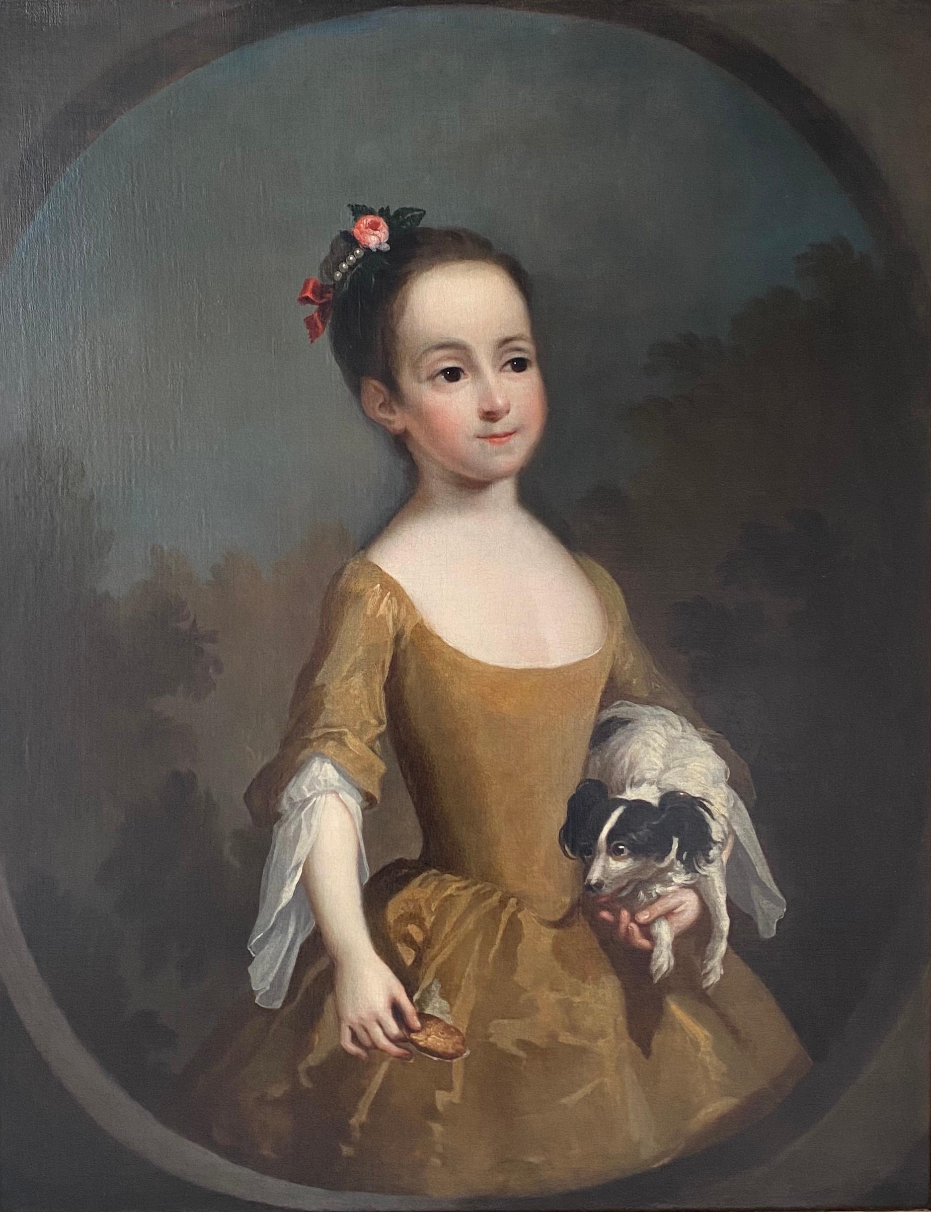 (Circle of) George Knapton Animal Painting - English 18th century Portrait of Katherine Miller and her Spaniel