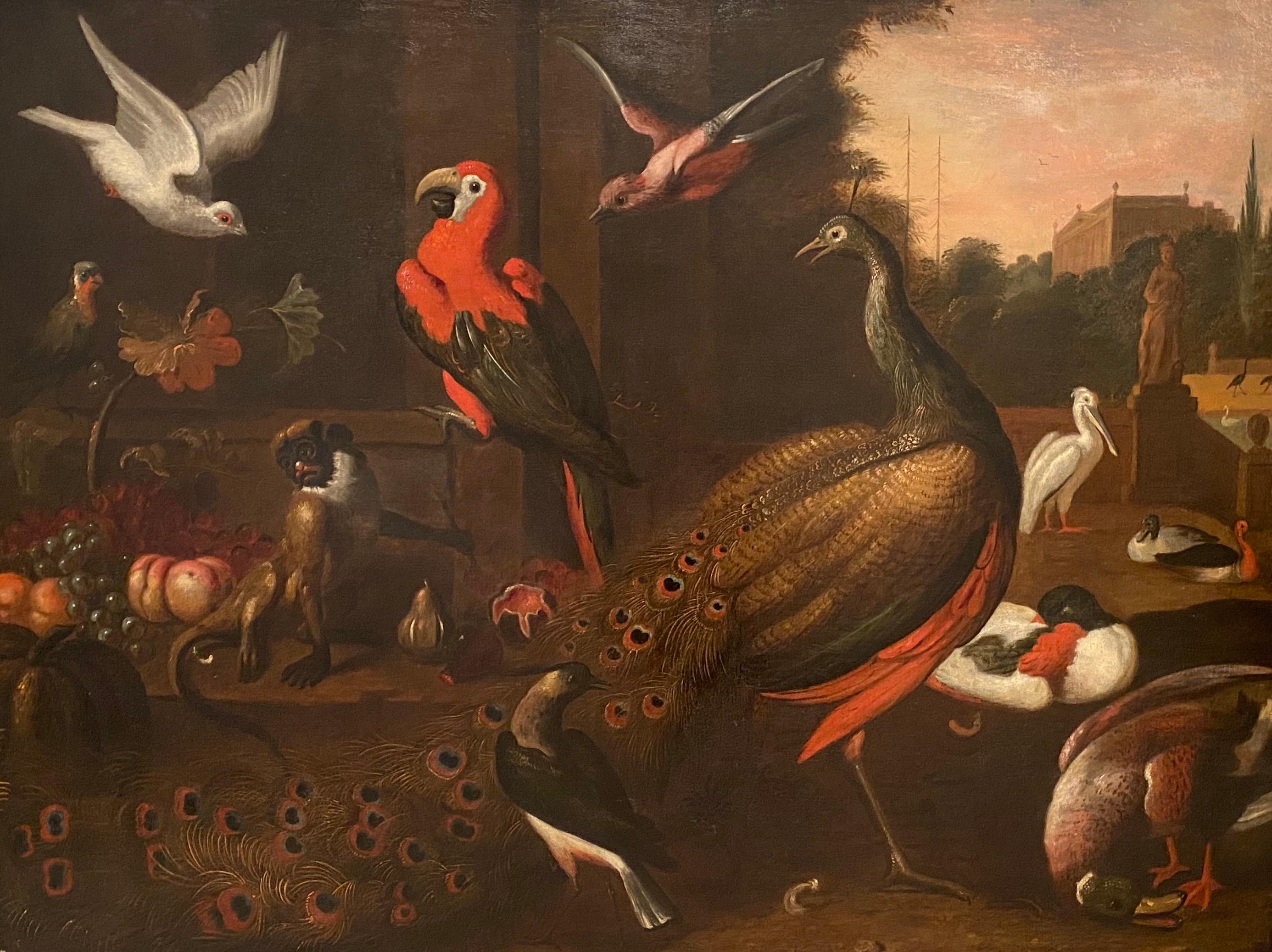Jakob Bogdani Animal Painting - A monkey, peacock, parrot and other exotic birds in a park landscape