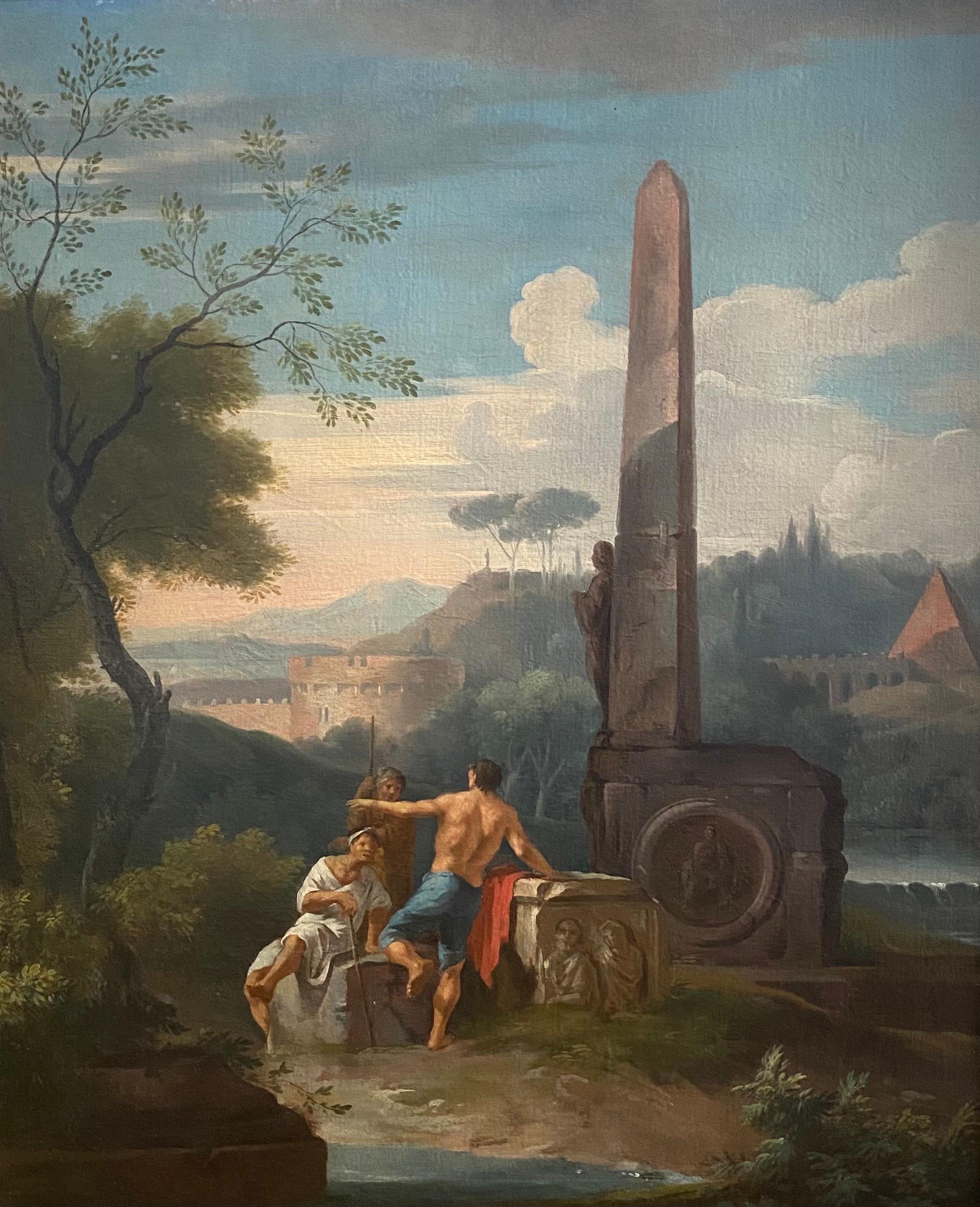 Pair of 19th century Italian capriccio landscape paintings, Follower of Panini - Painting by Giovanni Paolo Panini