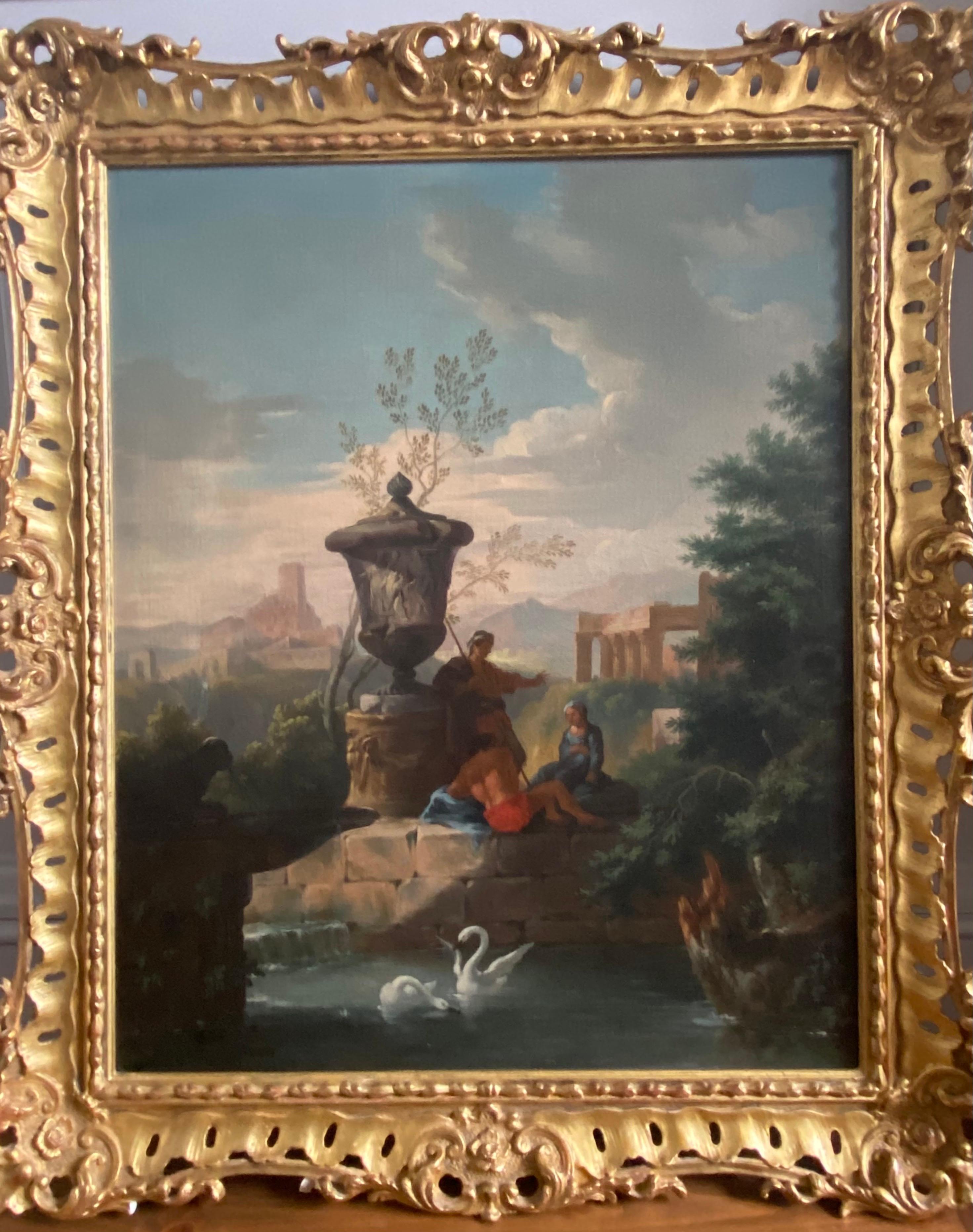 Pair of 19th century Italian capriccio landscape paintings, Follower of Panini - Old Masters Painting by Giovanni Paolo Panini