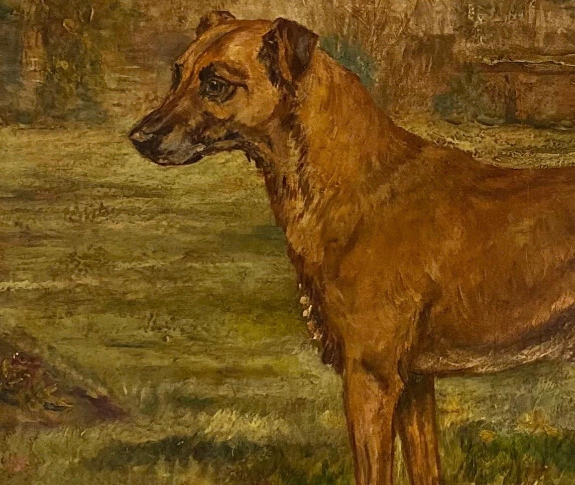 Un terrier nommé Joe se tenant dans le jardin clos d'une maison de campagne anglaise, peint par l'éminent peintre animalier John Emme (1844-1912) à la fin du XIXe siècle.
Signé, en bas à gauche : 