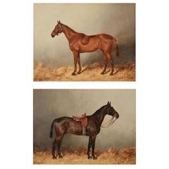A pair of paintings of the horses 'Swiss Boy' and 'Stirling Wisdom' in a stable