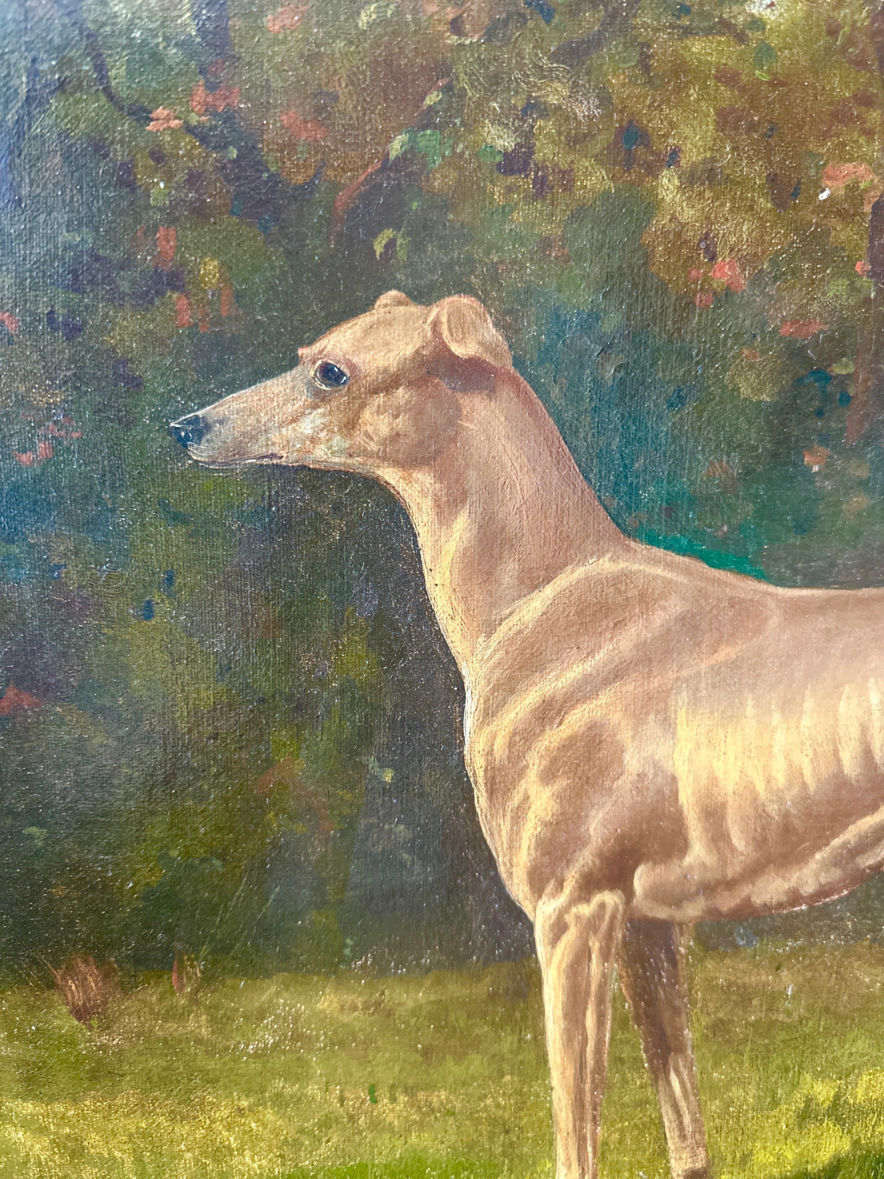 Un portrait d'un chien lévrier dans un paysage verdoyant du 19e siècle, signé - École anglaise Painting par James Albert Clark