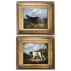 Antique A pair of portraits of a setter and a pointer dog in a landscape, dated 1877