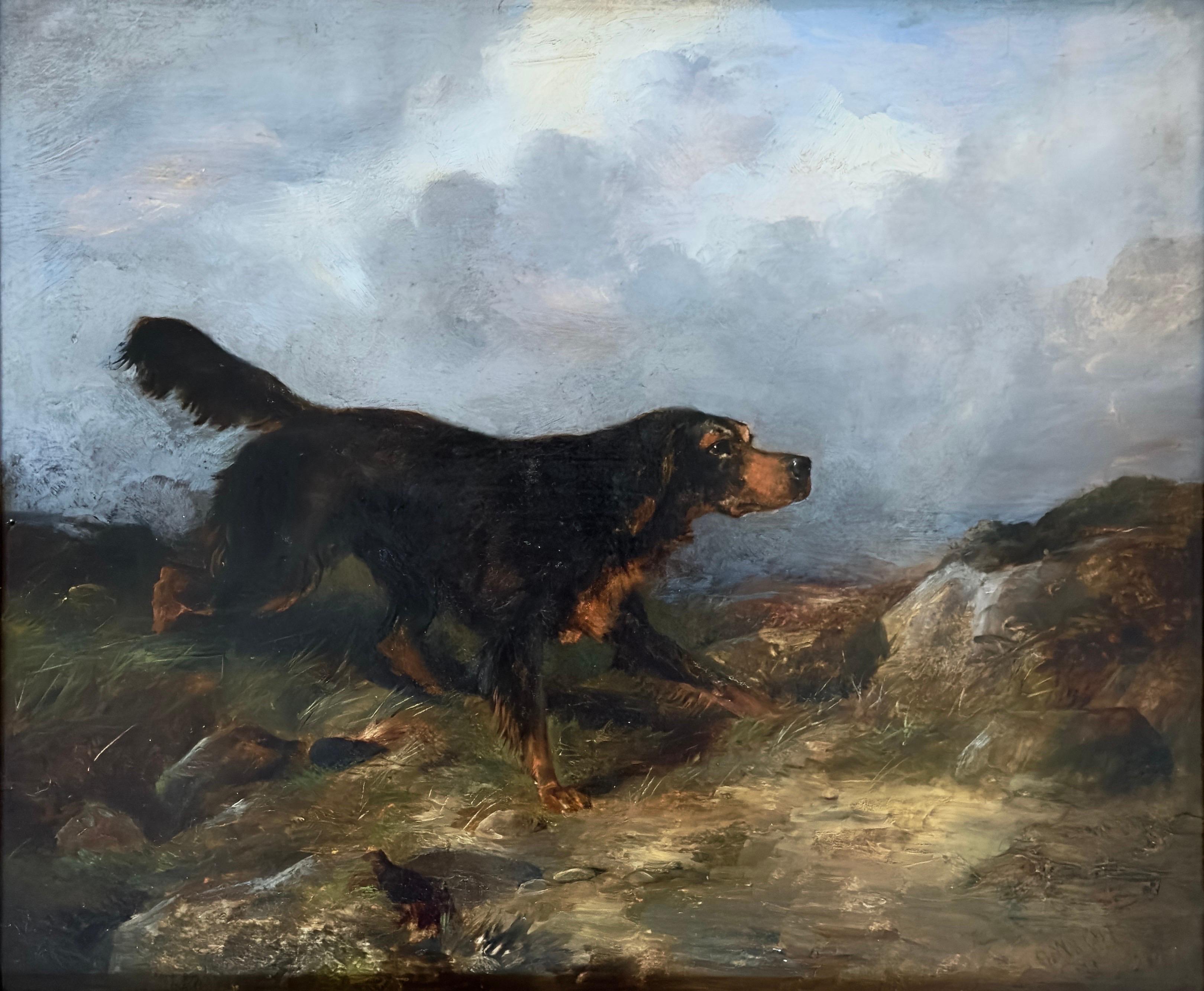 A pair of portraits of a setter and a pointer dog in a landscape, dated 1877 - Painting by George Wright 