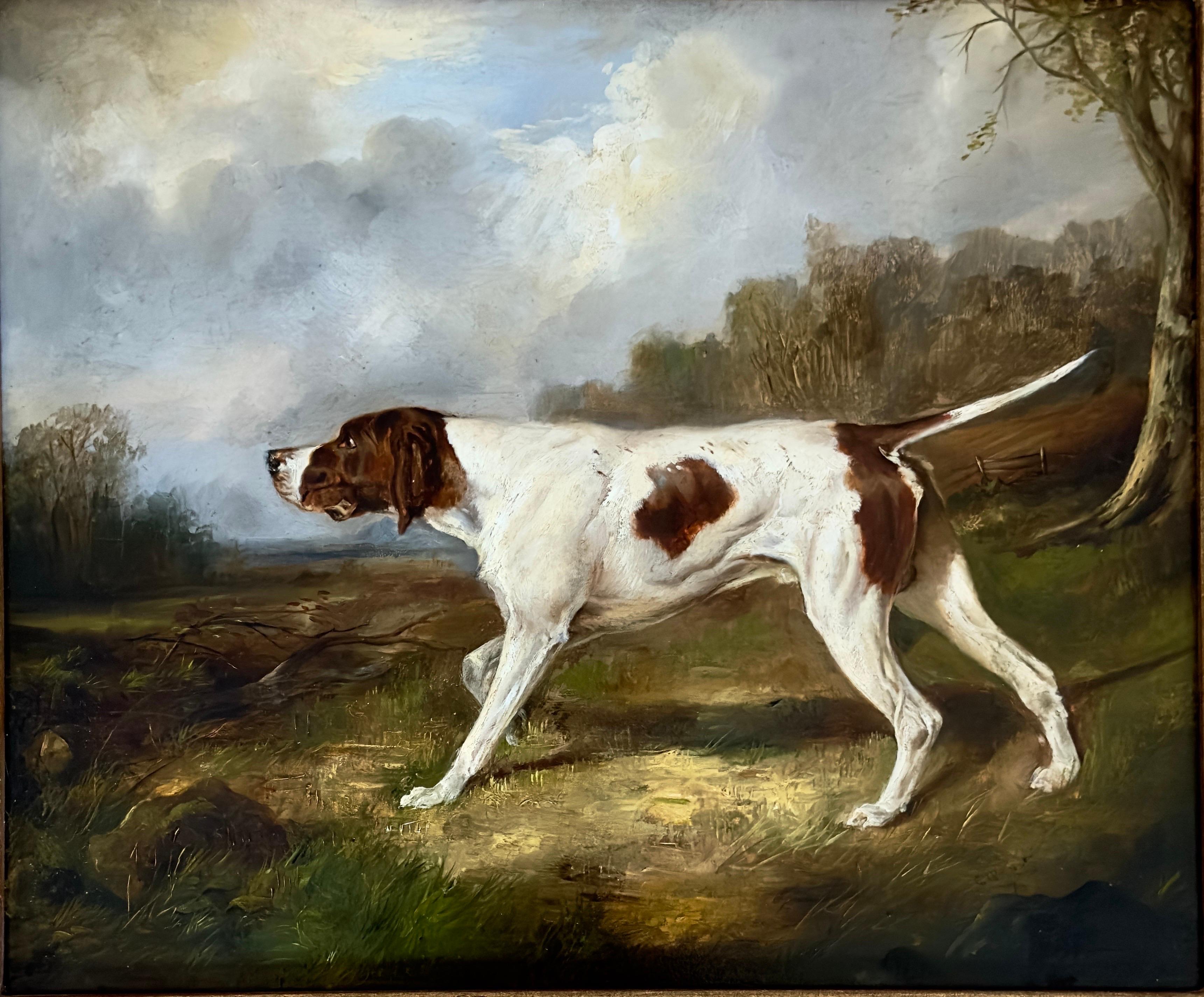 Paire de portraits d'un sertisseur et d'un chien de pointe dans un paysage, datés de 1877 - École anglaise Painting par George Wright 