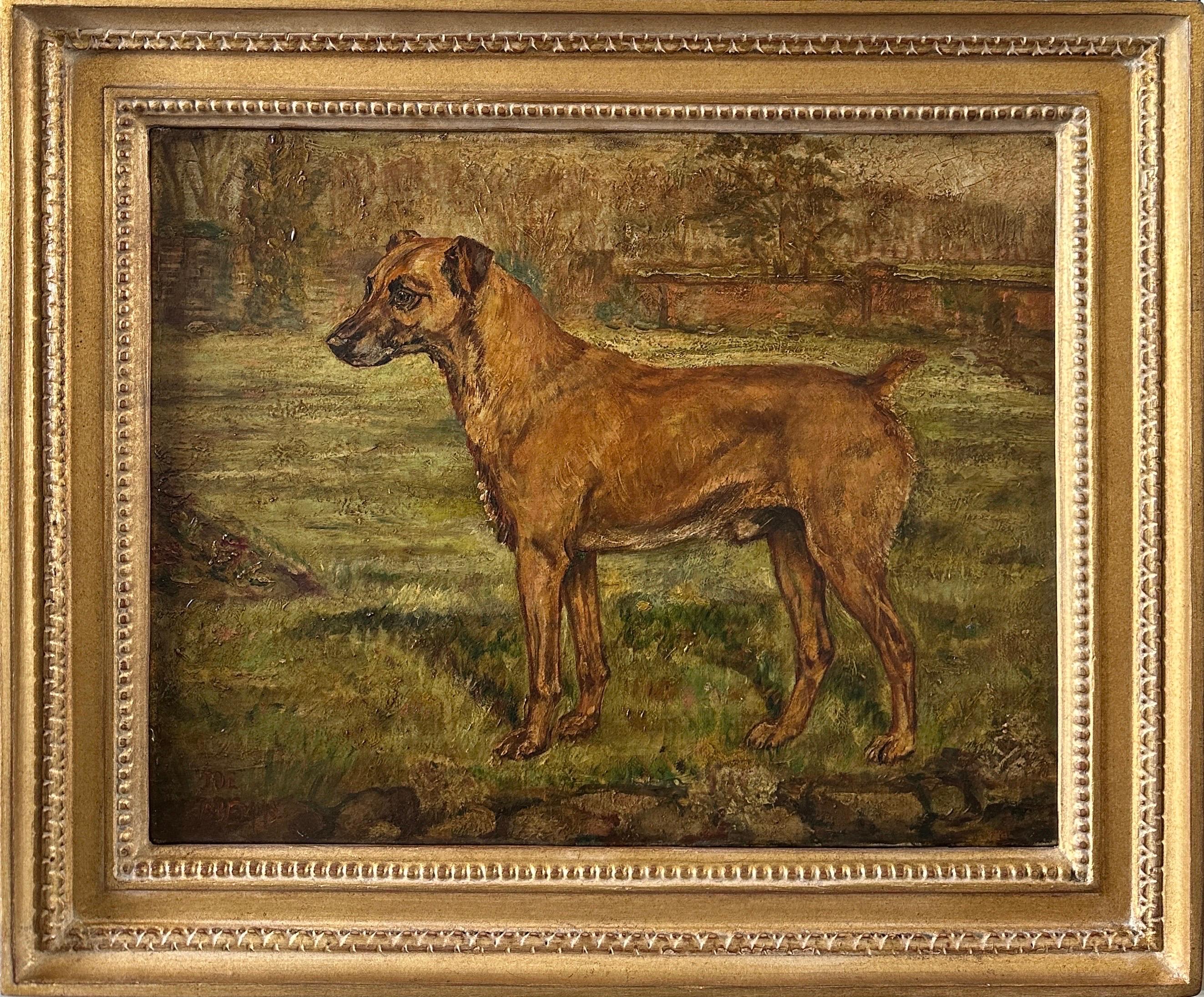 Ein Porträt eines englischen Terrierhundes, der in einem gewölbten Garten steht, signiert