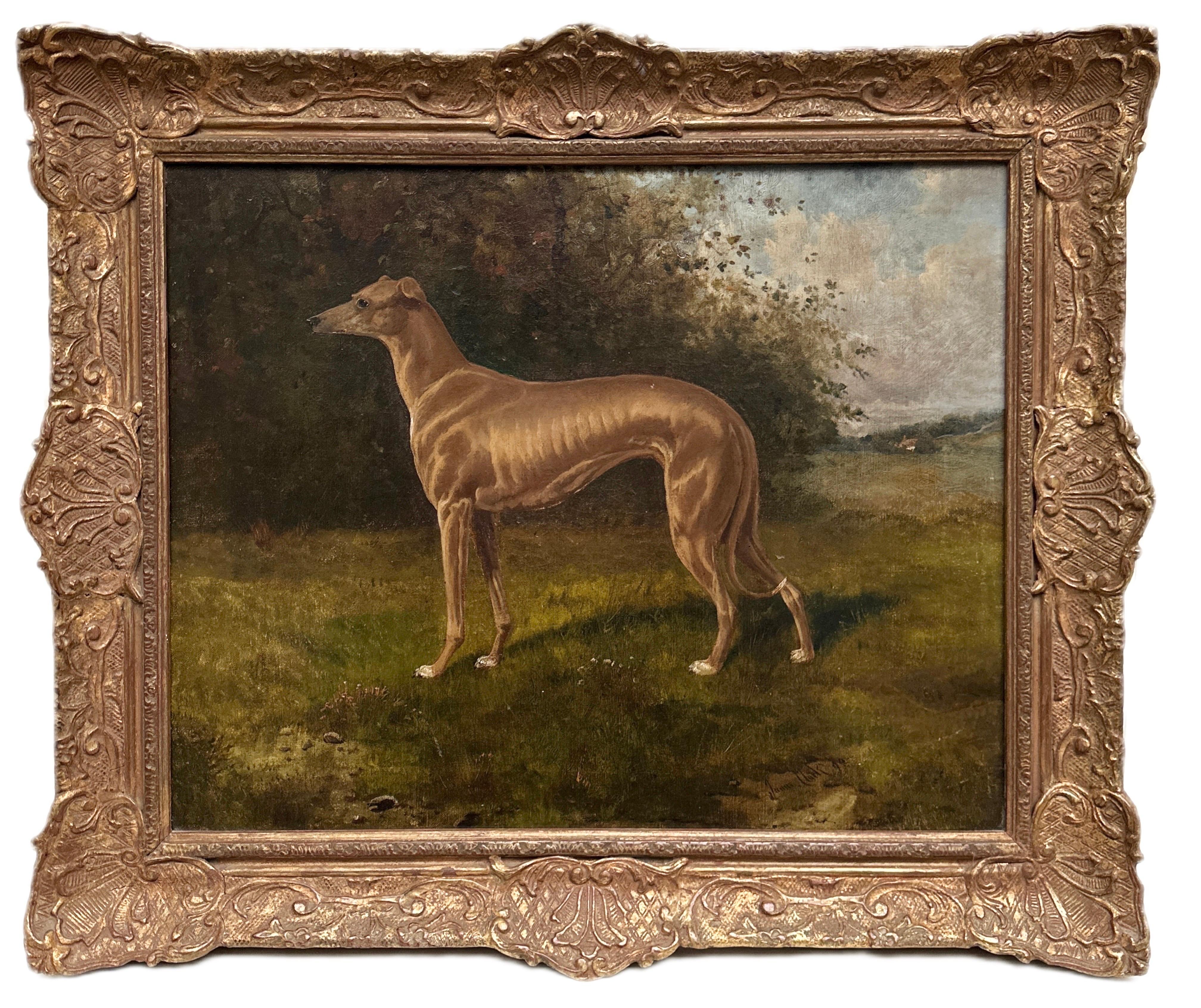 A chestnut coloured greyhound standing in a verdant landscape with a country cottage just visible in the far distance. Signed 'James Clark' (lower right) and dated 1899.
Oil on canvas in a giltwood frame. 

James Albert Clark (1863-1955) was born in