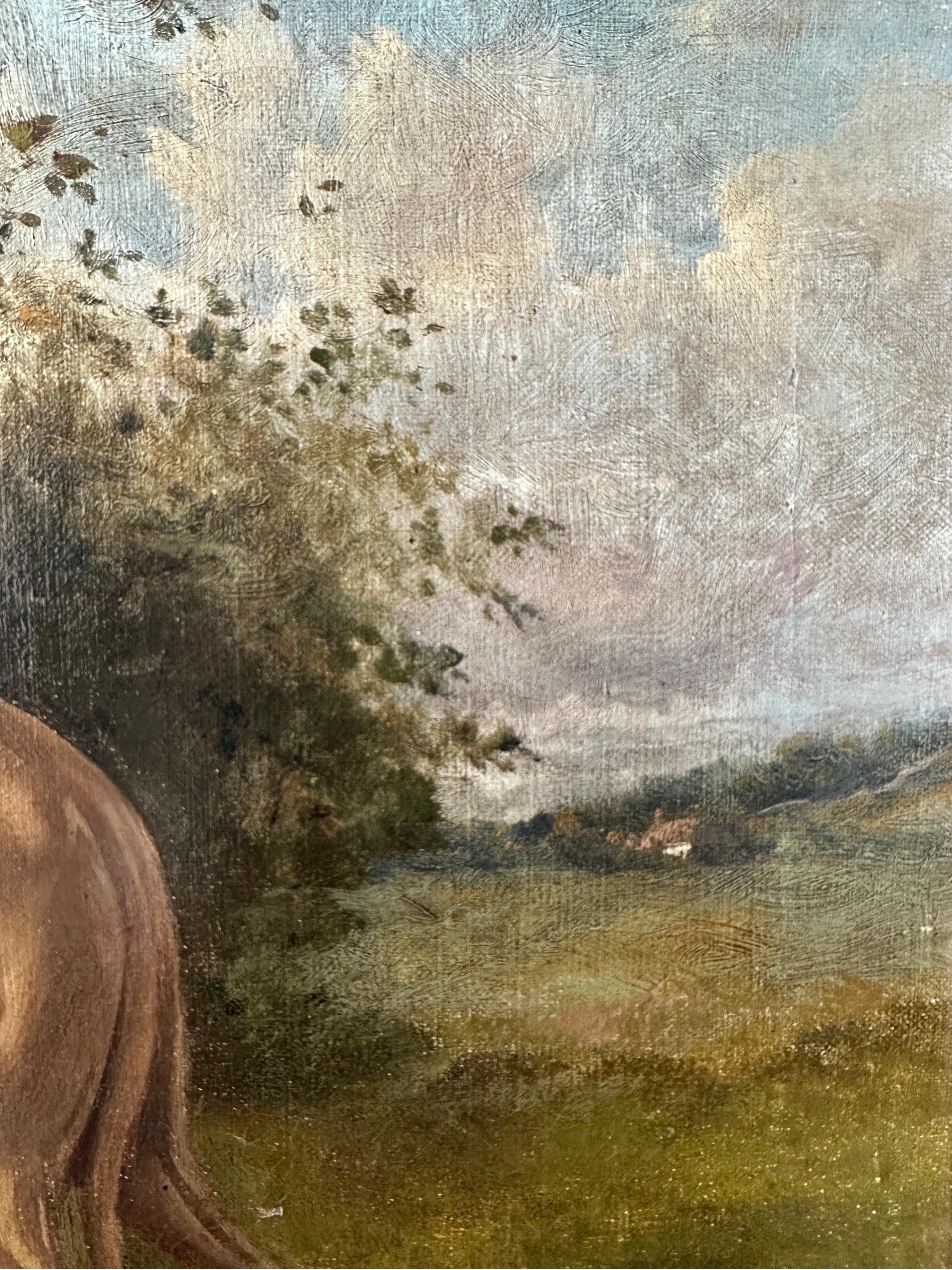 Un lévrier de couleur châtaigne se tient dans un paysage verdoyant avec un chalet de campagne visible au loin. Signé 
