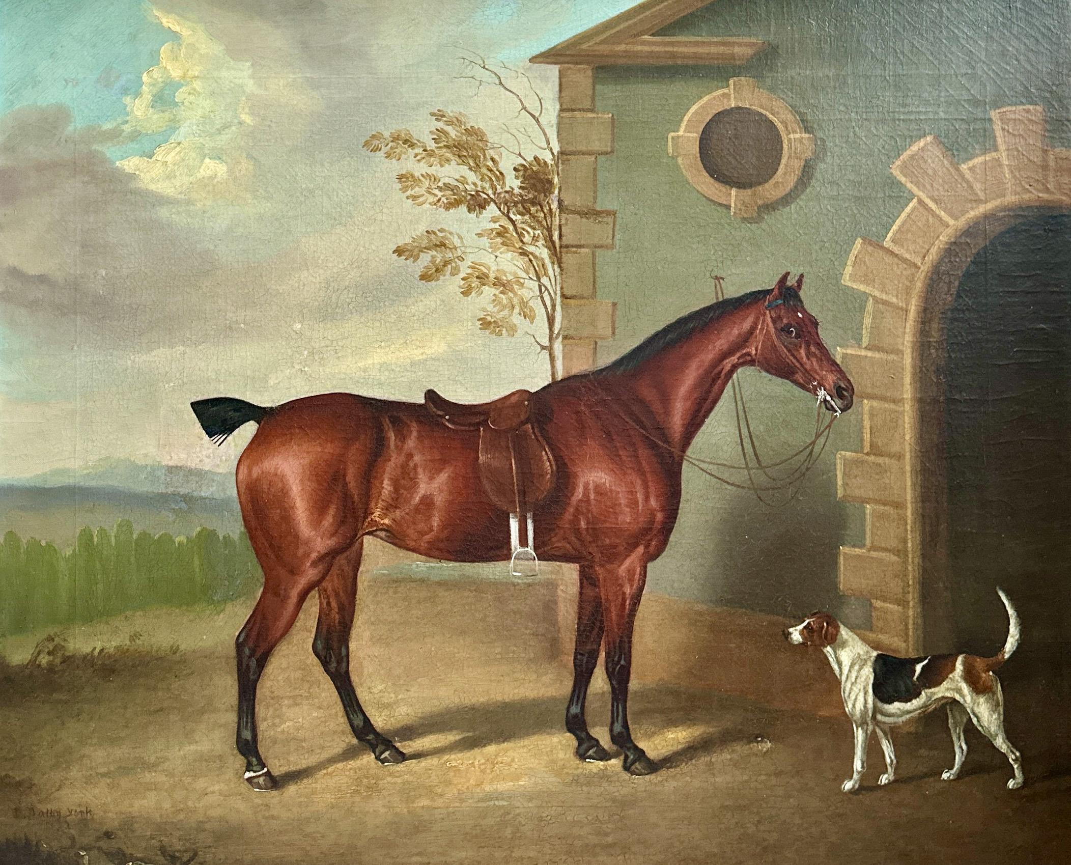 19th century painting of a Chestnut Hunter and a companion hound - Painting by David Dalby of York