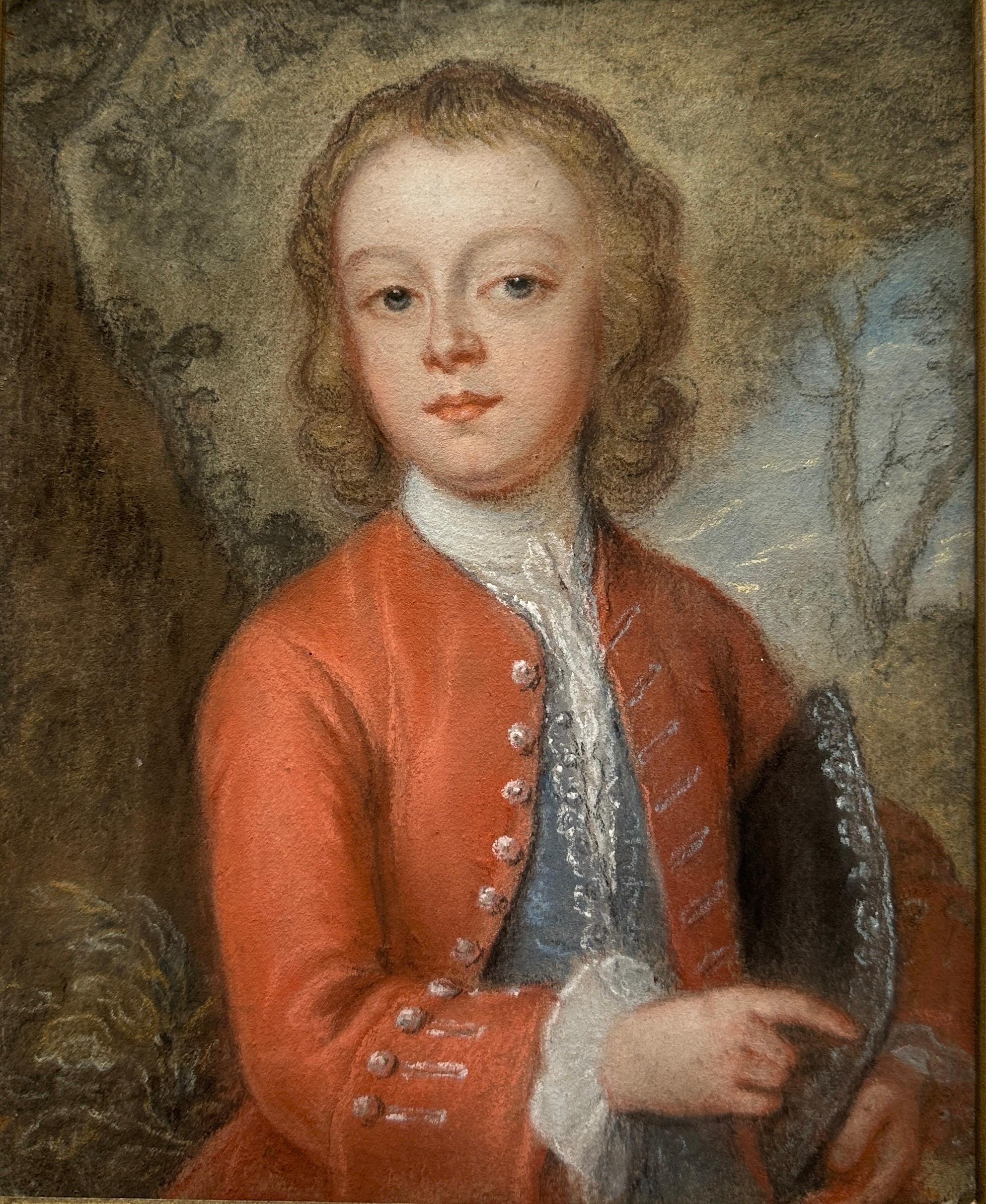 18th century pastel portrait of a young boy in a wooded landscape - Painting by Arthur Pond