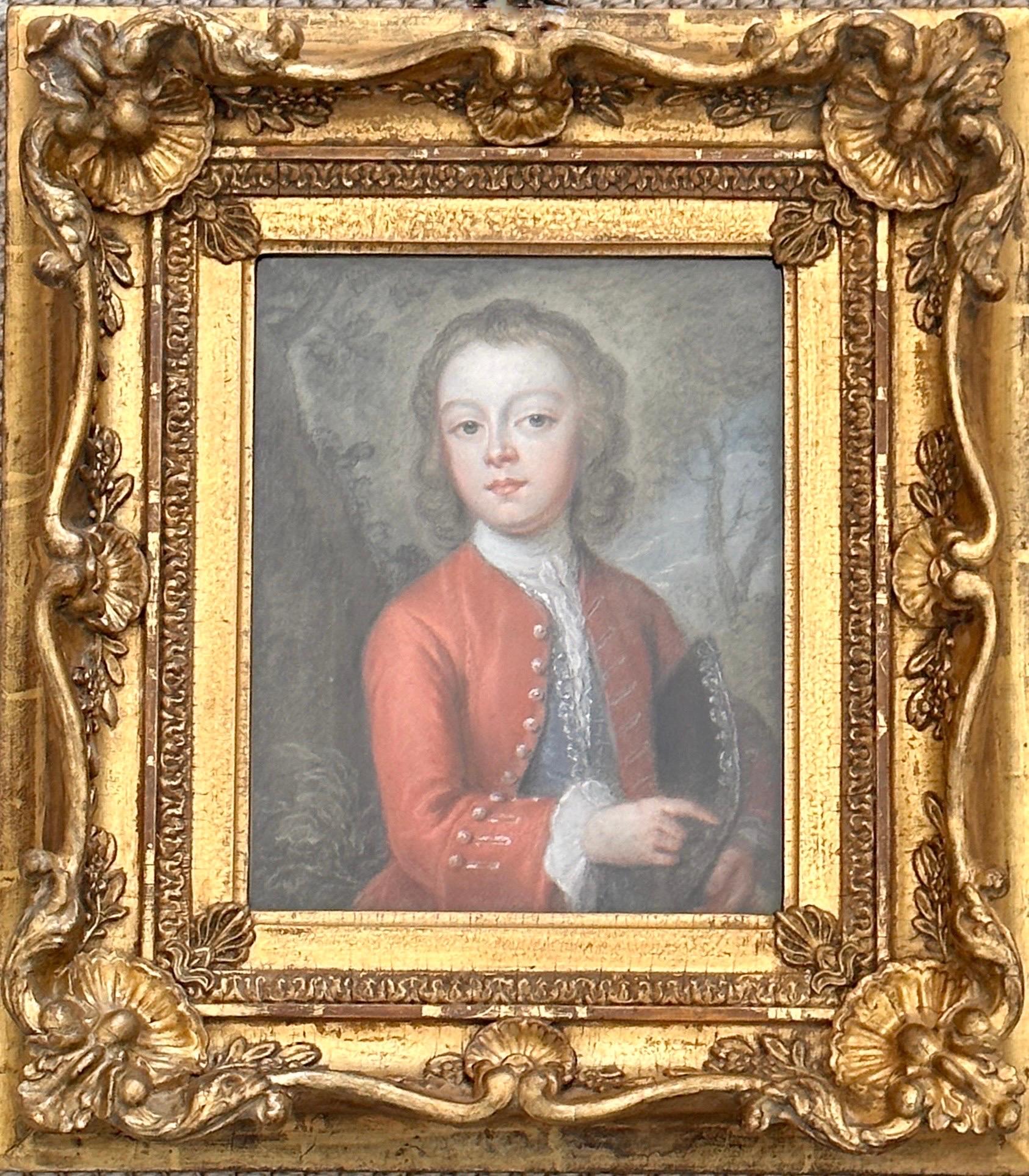 18th century pastel portrait of a young boy in a wooded landscape