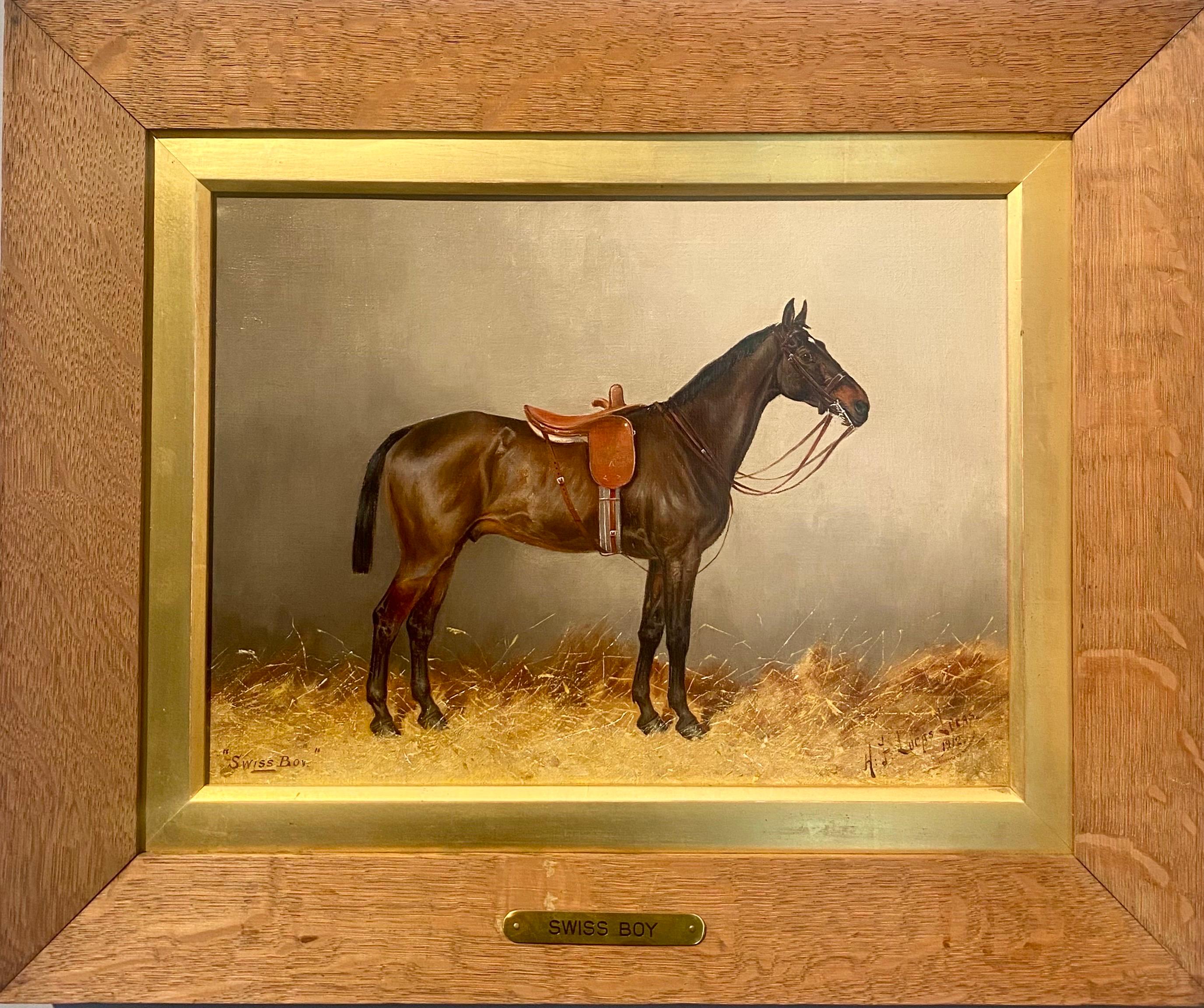 A pair of paintings of the horses 'Swiss Boy' and 'Stirling Wisdom' in a stable - English School Painting by Henry Frederick Lucas Lucas 