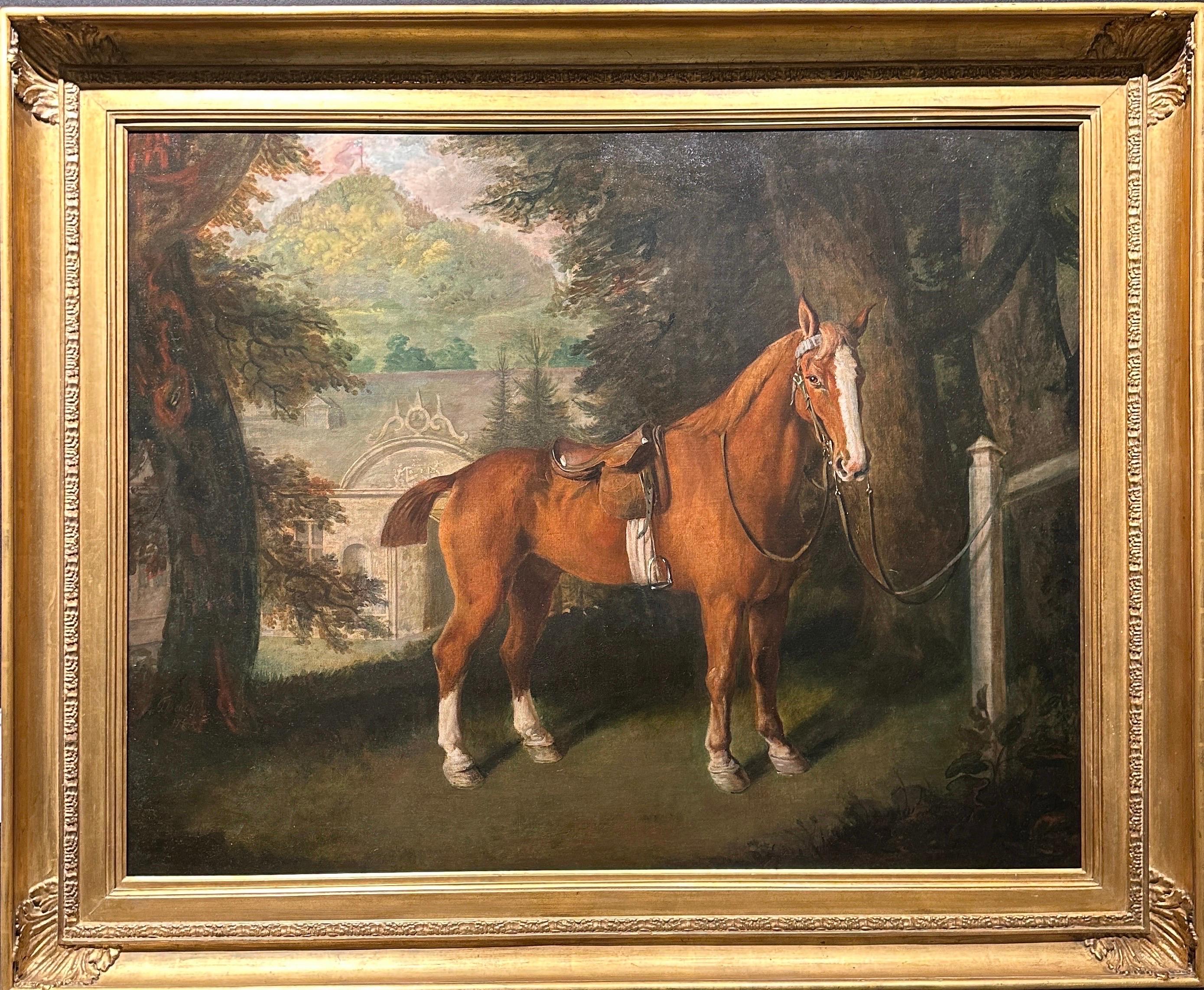 A large English 18th century painting of a Chestnut horse 