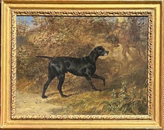 English 19th century portrait painting of a Pointer dog in a woodland landscape