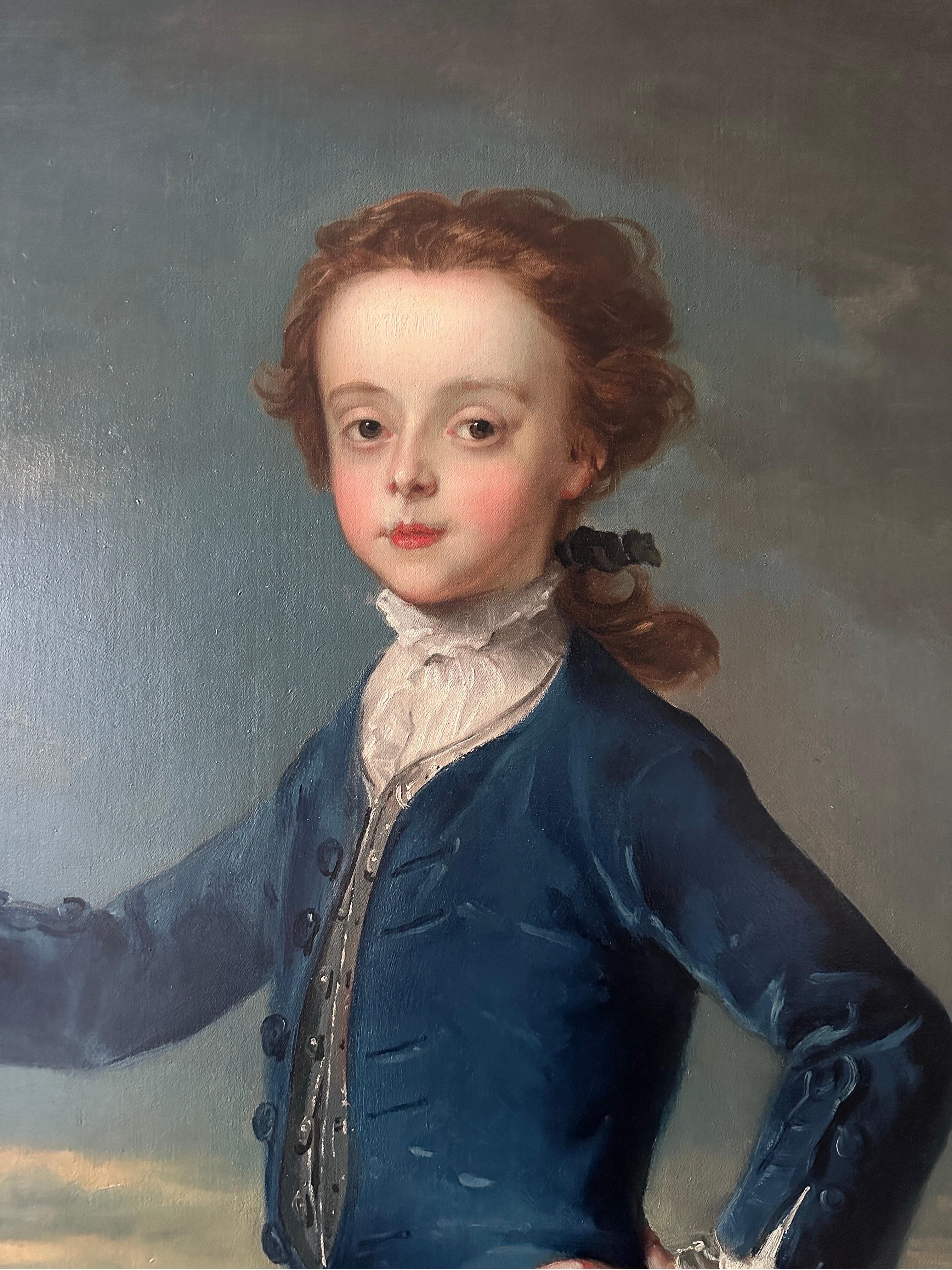 18th century portrait painting of a boy playing with a spinning top on a terrace For Sale 1