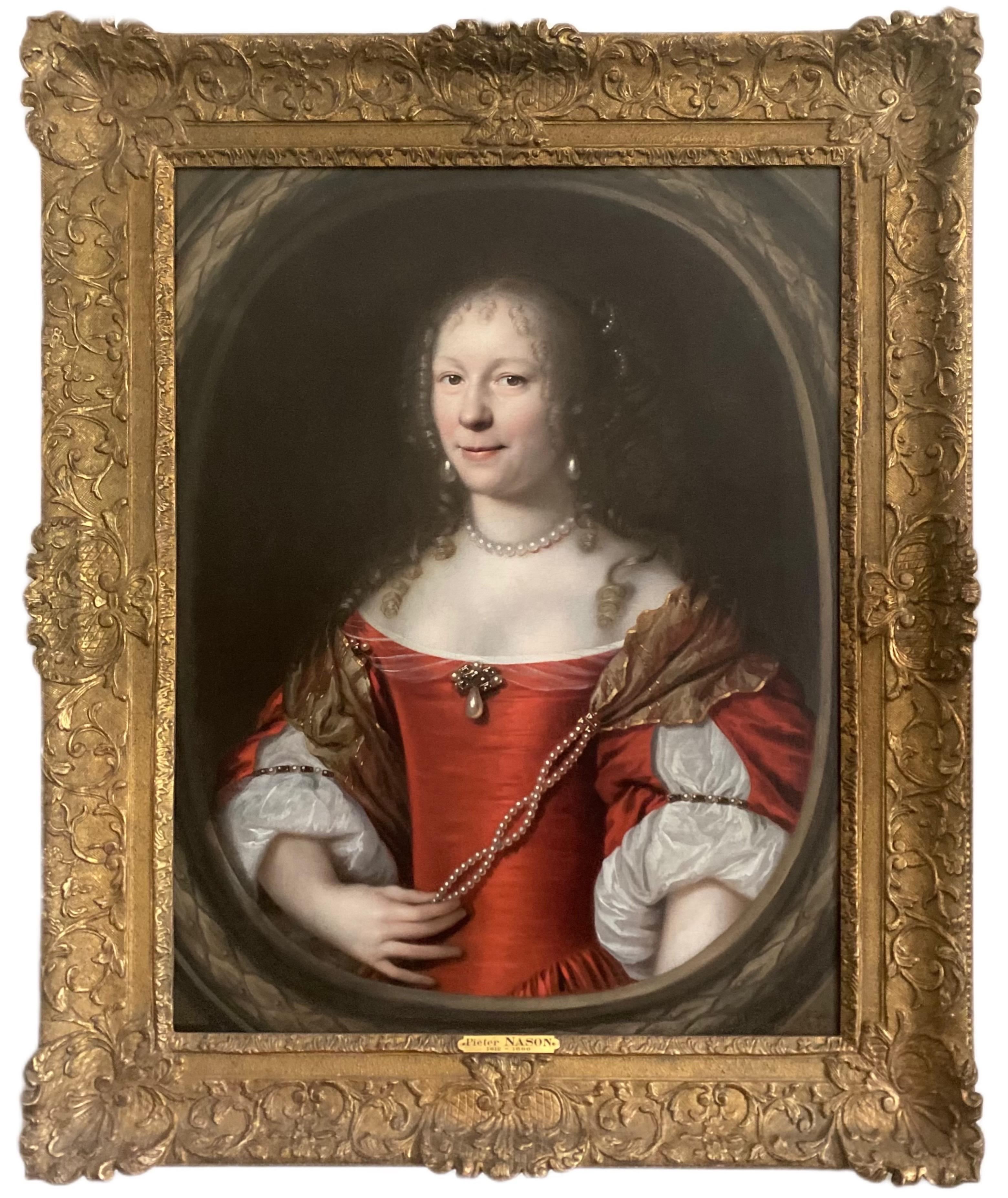 17th century Dutch portrait of a Lady in Red adorned with Pearls