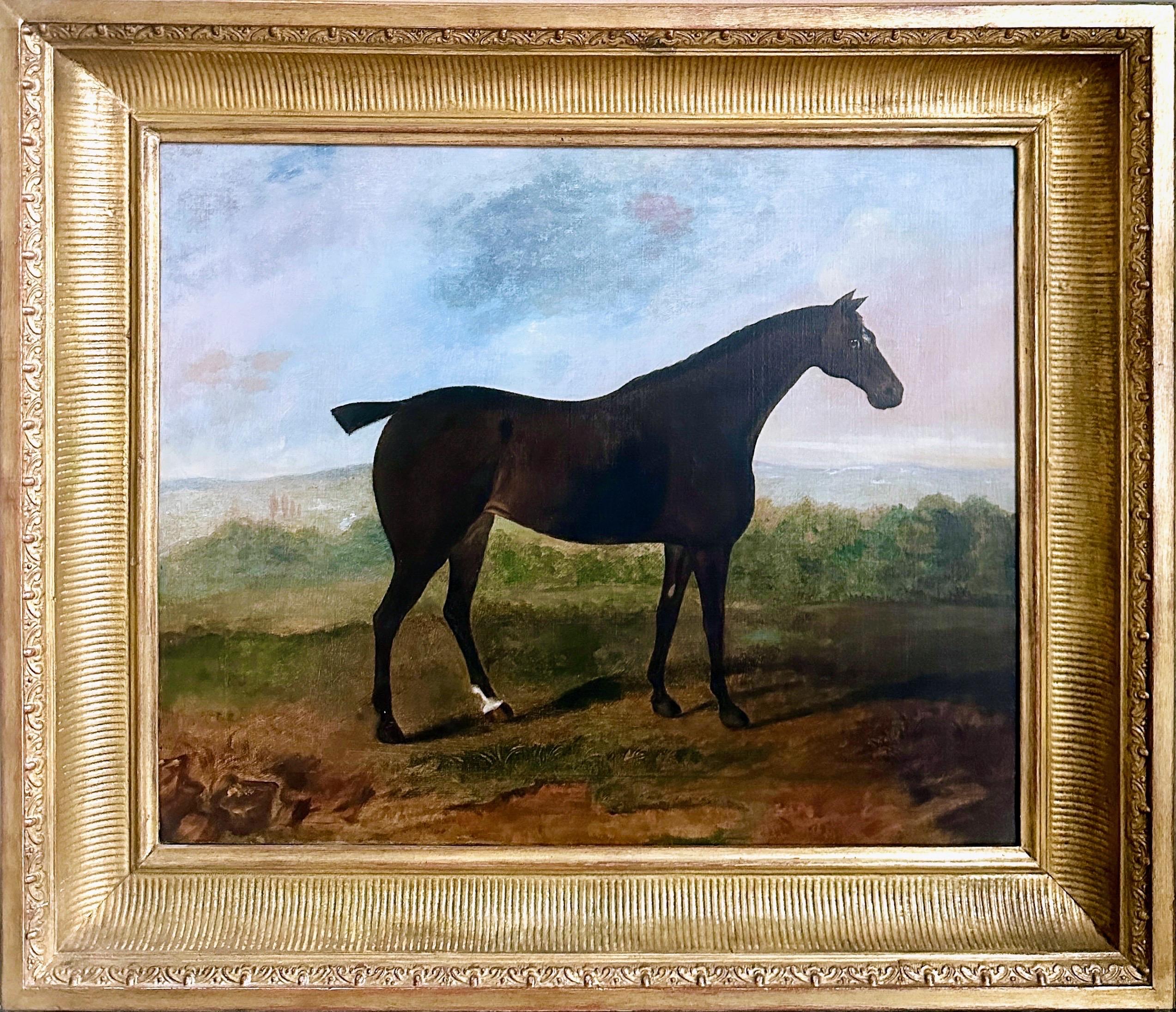 David Dalby Figurative Painting - A dark bay horse standing in an extensive English landscape