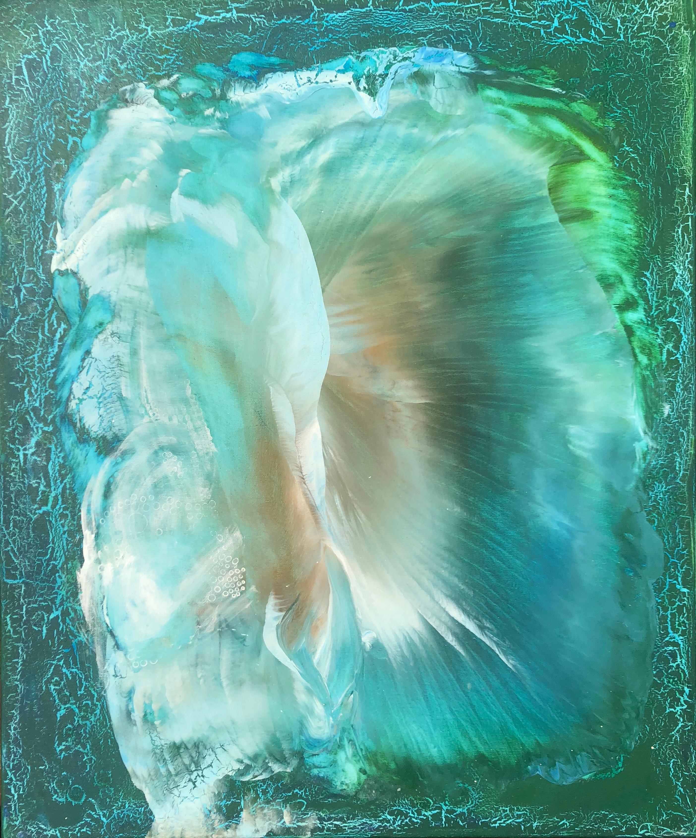 Contemporary abstract painting on canvas by Volodymyr Zayichenko
In blue green and white hue created in 2016.
Unique painting on canvas 60x50cm is guaranteed to be included in a Catalogue Raisonne and provided with a blockchain based Certificate of