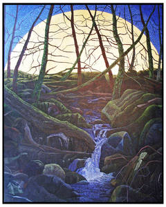 Moon and Waterfall, Oil Painting on Canvas with Gold Leaf by Miles Bair, 2012