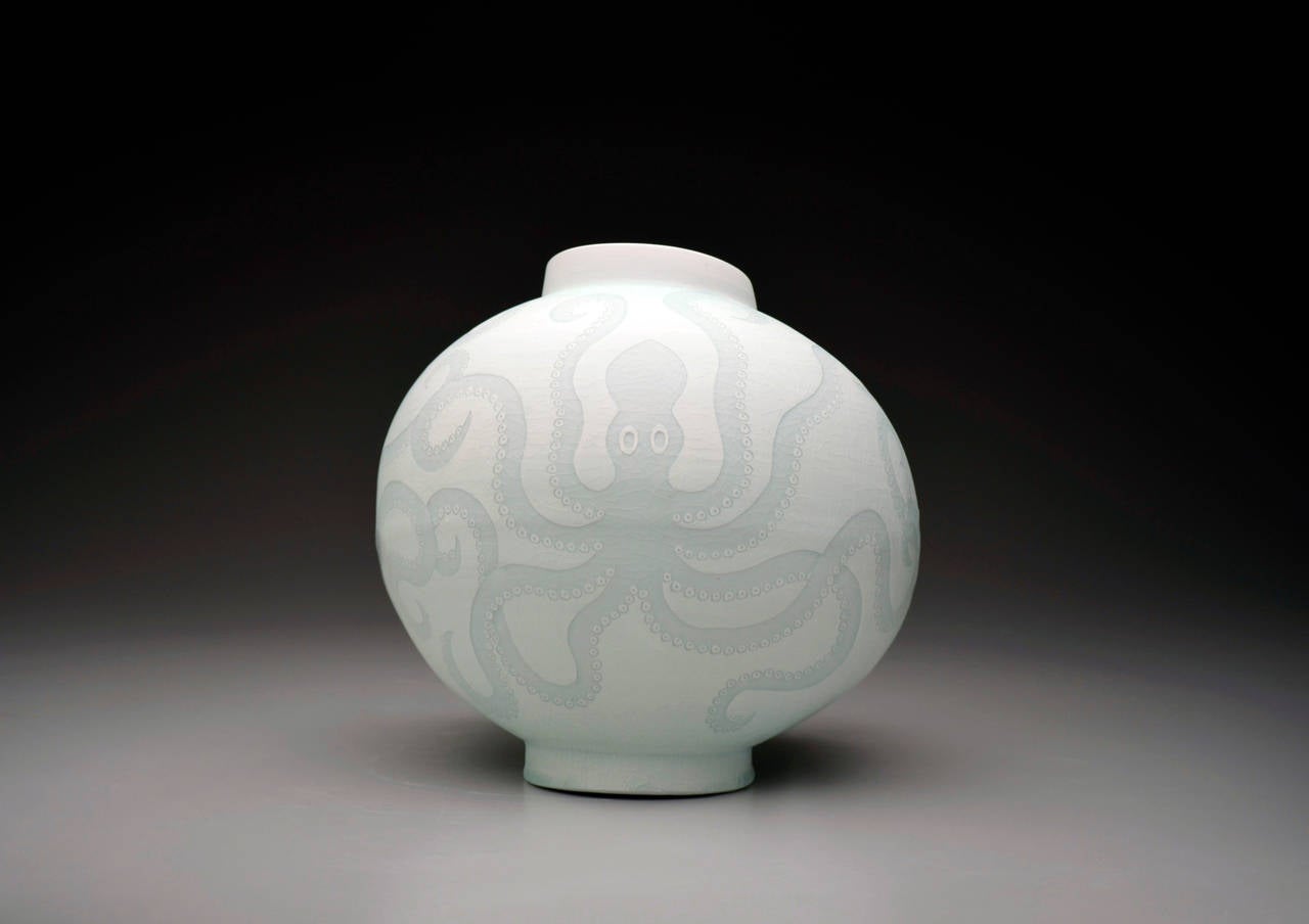 Moon Jar with Octopi by Steven Young Lee, Porcelain Sculpture with Illustration 1