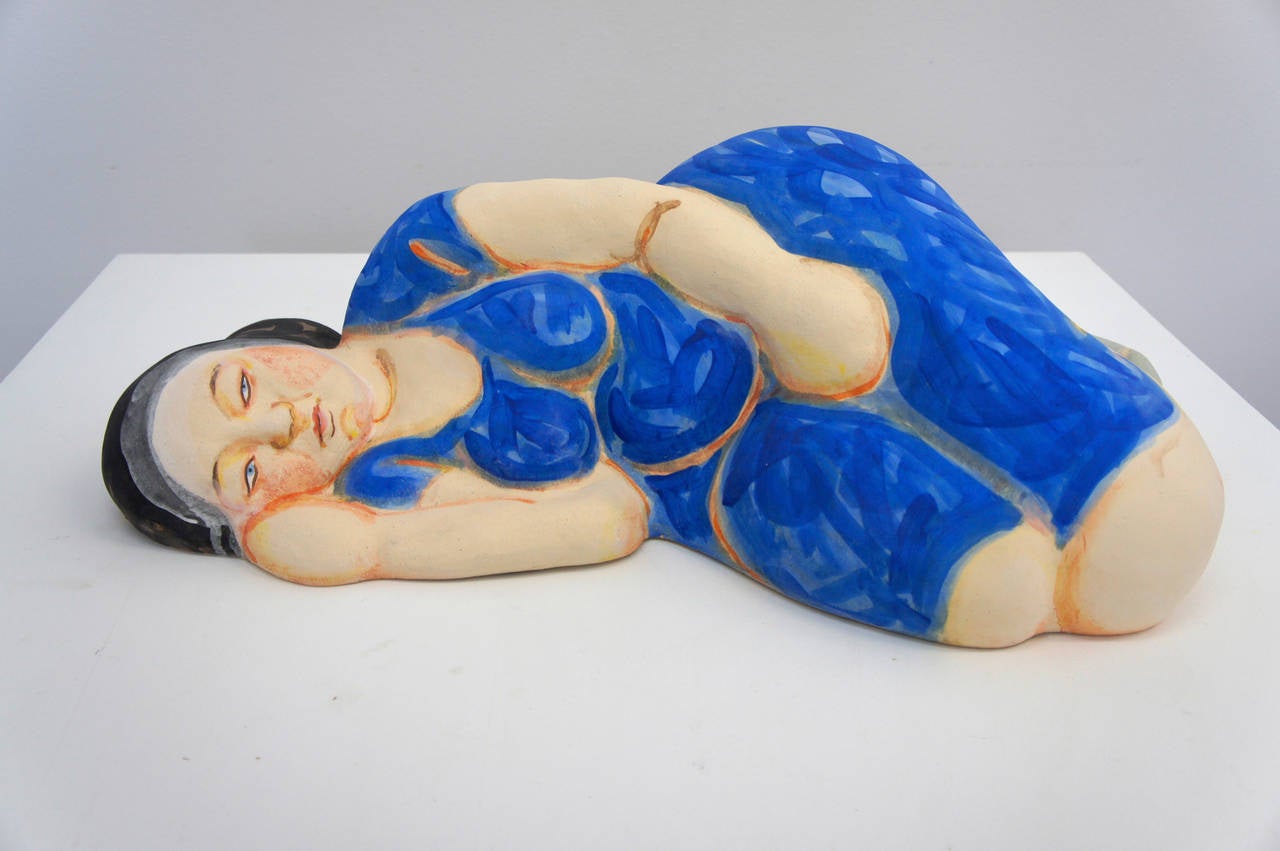 Akio Takamori Figurative Sculpture - Sleeping Woman in Blue Dress with Black Hair
