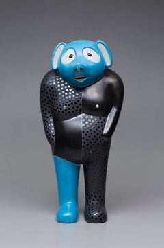 33" Tall Blue and Black Ceramic Tanuki Sculpture with Dot Pattern by Jun Kaneko