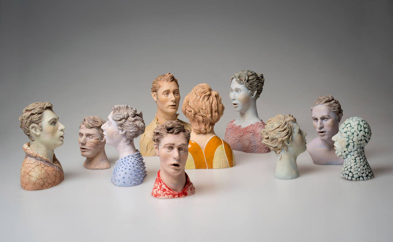 Beverly Mayeri Figurative Sculpture - "Conversations", 10 Piece Ceramic Sculpture Composition