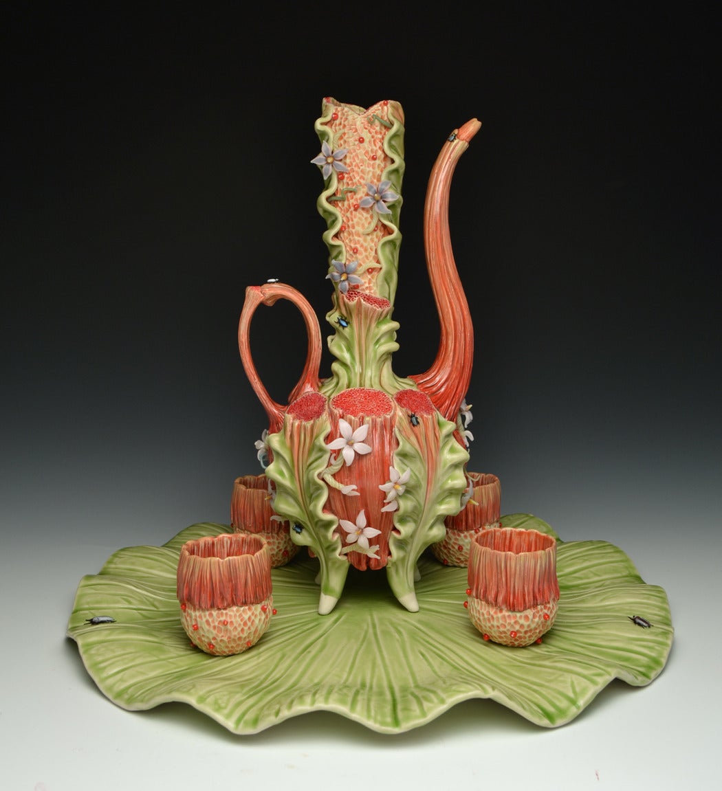 "Ewer with Tray and Cups", Porcelain Sculpture with Glass Detail - Mixed Media Art by Bonnie Seeman