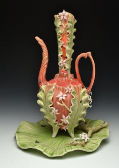 "Fancy Spout Teapot with Tray", Surrealist Porcelain Sculpture with Glass Detail