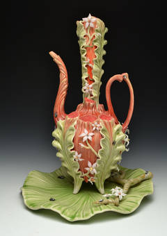 "Fancy Spout Teapot with Tray", Surrealist Porcelain Sculpture with Glass Detail