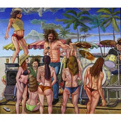 "Sur La Plage A Go Go", Figruative Oil Painting on Wooden Panel, Framed 3