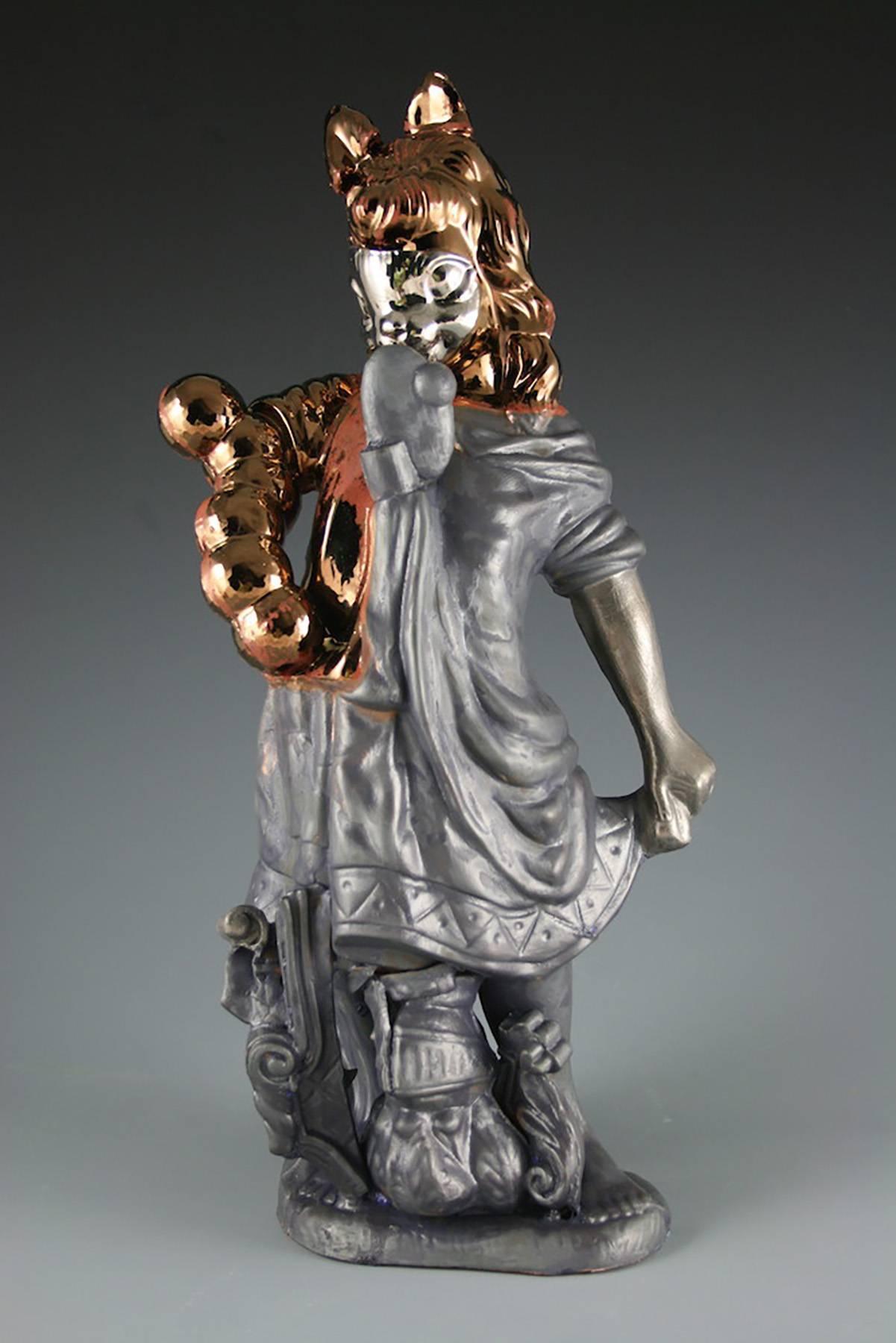 Contemporary Earthenware Sculpture with Gold Luster and Glaze - Gray Figurative Sculpture by Paul McMullan
