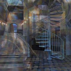 "Swirling Structures" , Abstracted Interior Oil Painting on Wooden Panel 2