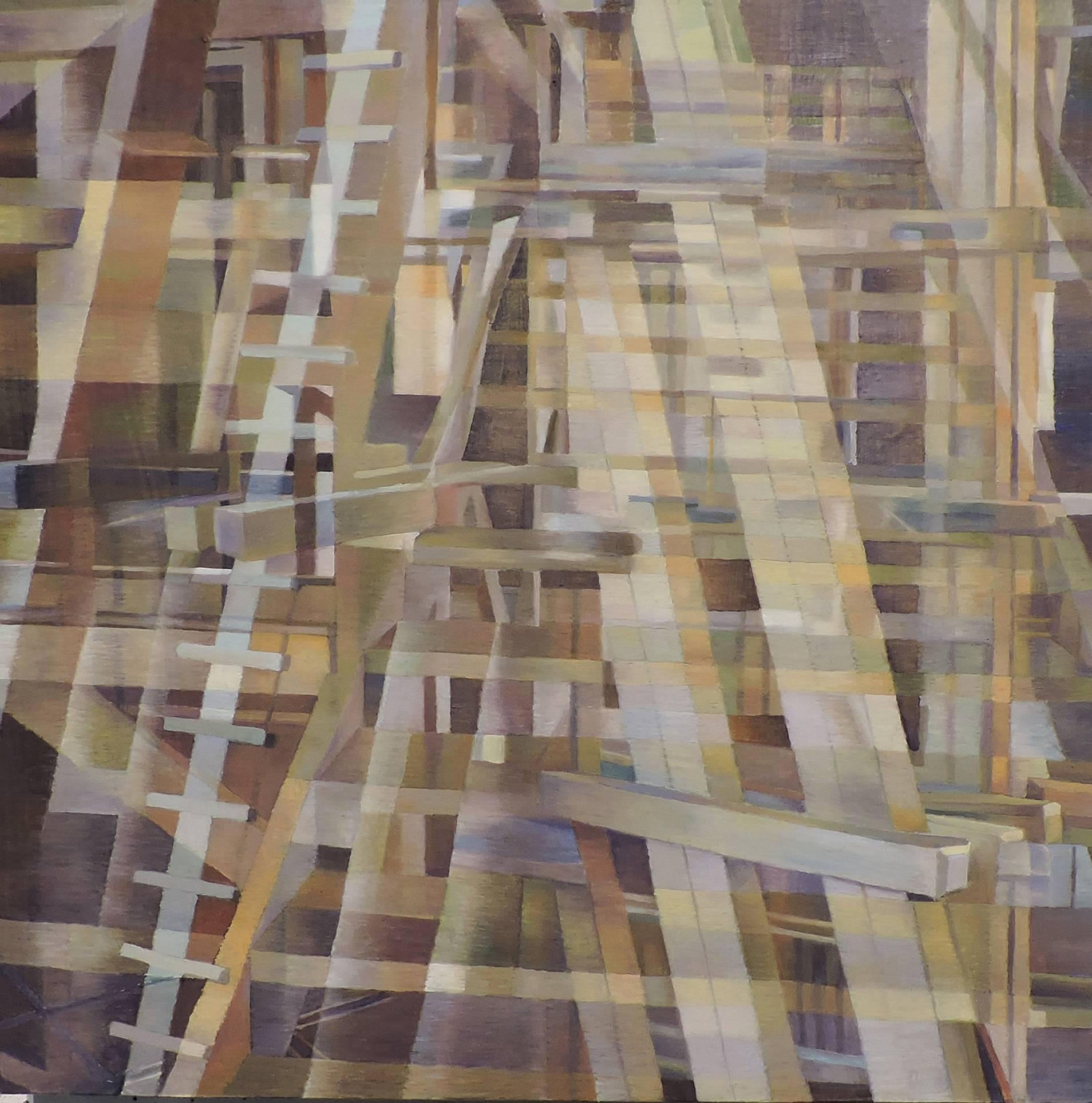 Nancy Newman Rice Abstract Painting - "Wooden Structure One", Contemporary, Abstract, Oil, Painting, Wooden Panel