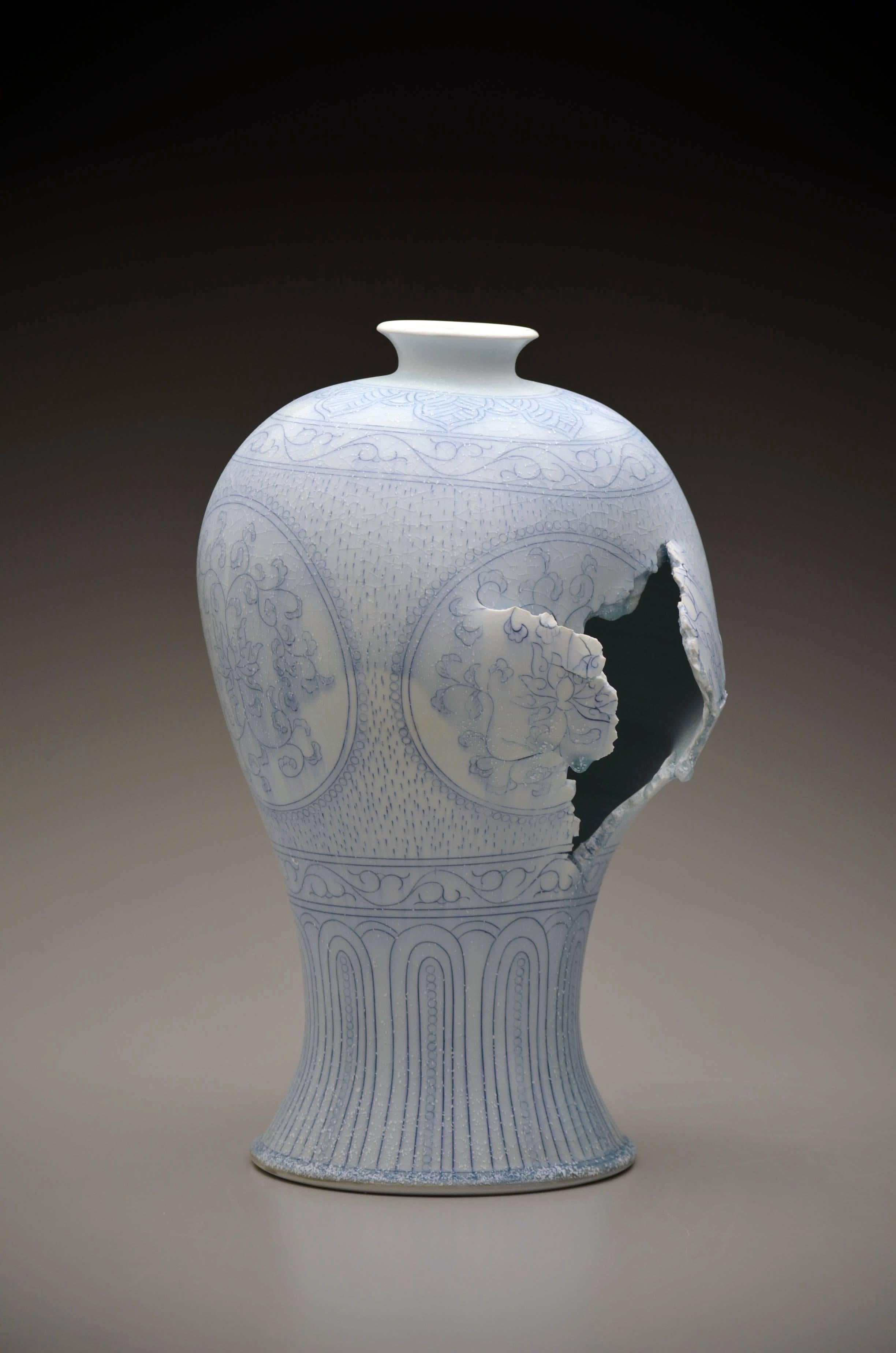 Maebyeong Vase with Peonies by Steven Young Lee, Porcelain, Cobalt Inlay, Glaze 2