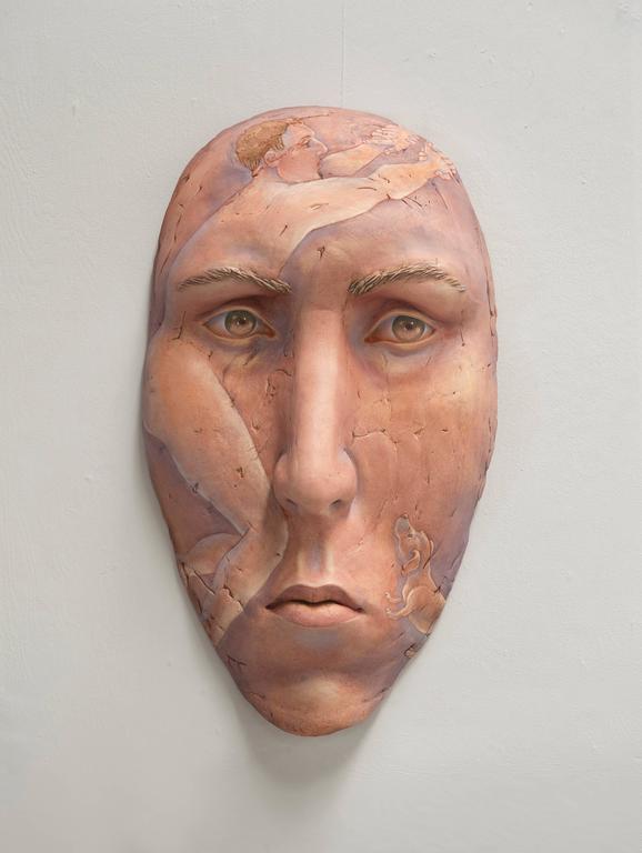 Beverly Mayeri Figurative Sculpture - "Within Reach" , Wall Mounting Ceramic Sculpture with Painted Illustration
