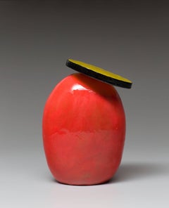 Untitled Construction by Jun Kaneko, Glazed Ceramic Dango Form with Yellow Disc